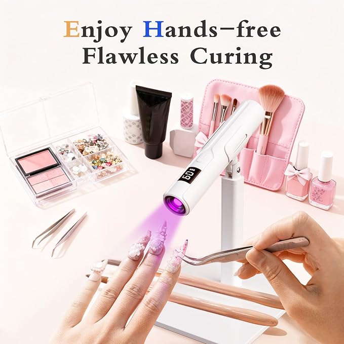 UV Nail Lamp with Premium Stand, YEMEY Handheld UV Light for Gel Nails | Mini Cordless UV/LED Nail Lamp for Gel Polish with LCD Display & Eye-Protection Cover, Flash Cures All Soft Gels (White)