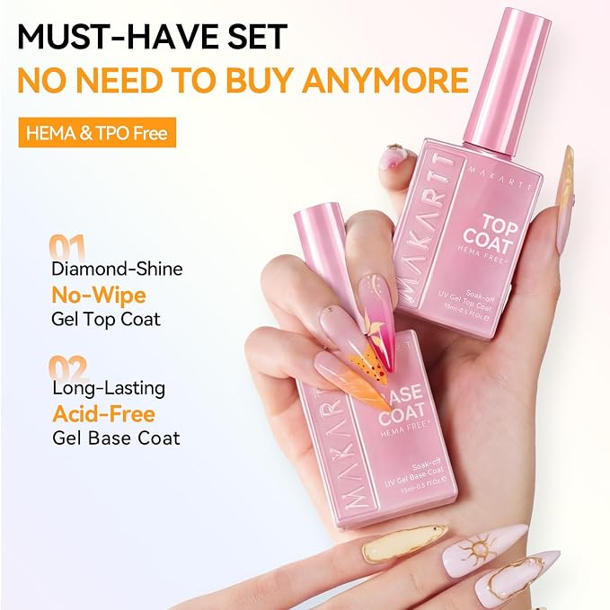 Makartt Hema-Free Gel Top and Base Coat Set: 2 PCS 15ml No Wipe | Upgraded Mild Formula Diamond-Shine Long-Lasting Base and Top Coat Gel Nail Polish Soak Off UV LED Lamp Home DIY Gift