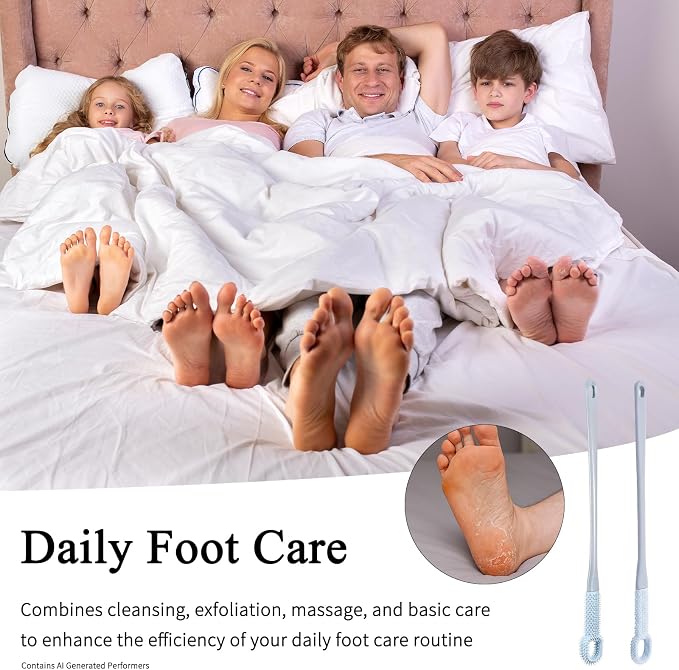 2 Pack Toe Cleaning Brush with 15.7" Long Handle, Silicone Foot Scrubber & Exfoliating Anti-Itch Brush for Bath & Feet, No-Bend Long Reach Feet Cleaner for Seniors & Daily Living (Grey)
