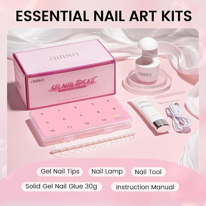 AILLSA Nail Extension Kit Medium Almond Nail Tips 224pcs | Upgrade Glue Gel for Fake Tips Press on Nails, Nail Extensions Kit with Portable Nail Lamp for Beginners