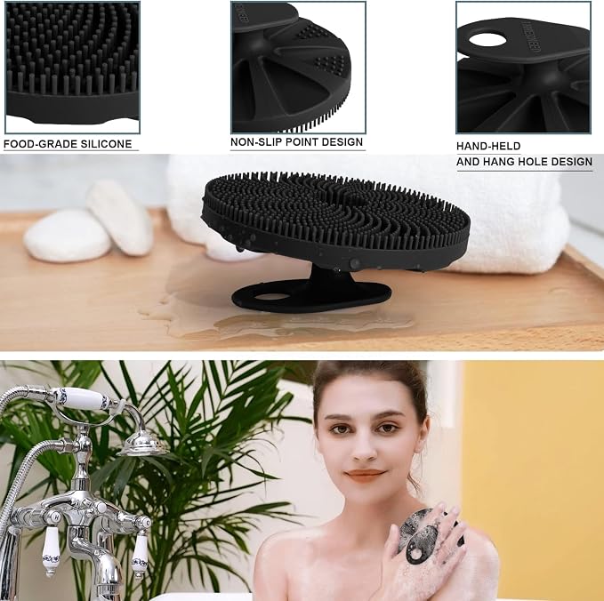 Food-Grade Silicone Body Scrubber Exfoliating & Massaging Brush, Black+Gray | INNERNEED Hygienic Shower Scrub Skin Wash Bath Tool for All Skin Types, Lathers Well, Longer Service Life