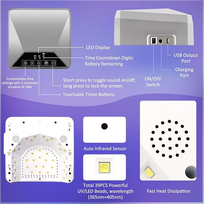Rechargeable 78W UV LED Nail Lamp for Gel Nails, Cordless Nail Dryer with Hidden Telescopic Stand for Hands & Feet,15600mAh Battery,30/60/99/180s Custom Timer,Mirror Base,Lock Screen for Salon Home