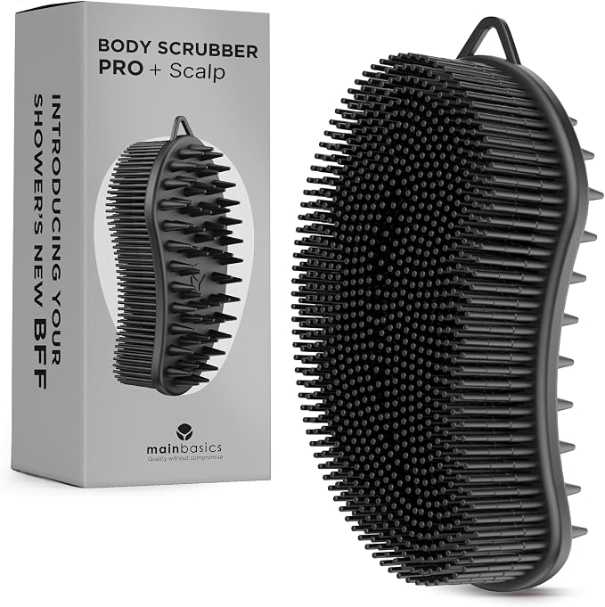MainBasics Silicone Body Scrubber Dual-Sided, Black, Scalp | Shower Scrubber and Scalp Massager, Gentle Silicone Loofah Alternative for Deep Clean