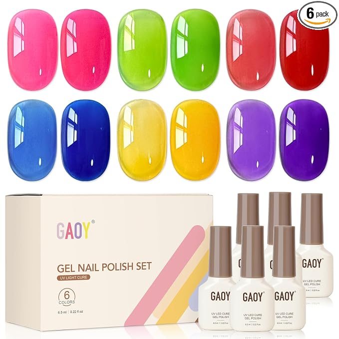 GAOY Glass Jelly Gel Nail Polish Set, 6 Colors Yellow Blue Green Red Pink | Summer Nail Art, Layer with Cat Eye, UV Lamp Required, Long Lasting, Beach Vacations, Pool Party Glam, Manicure Pedicure