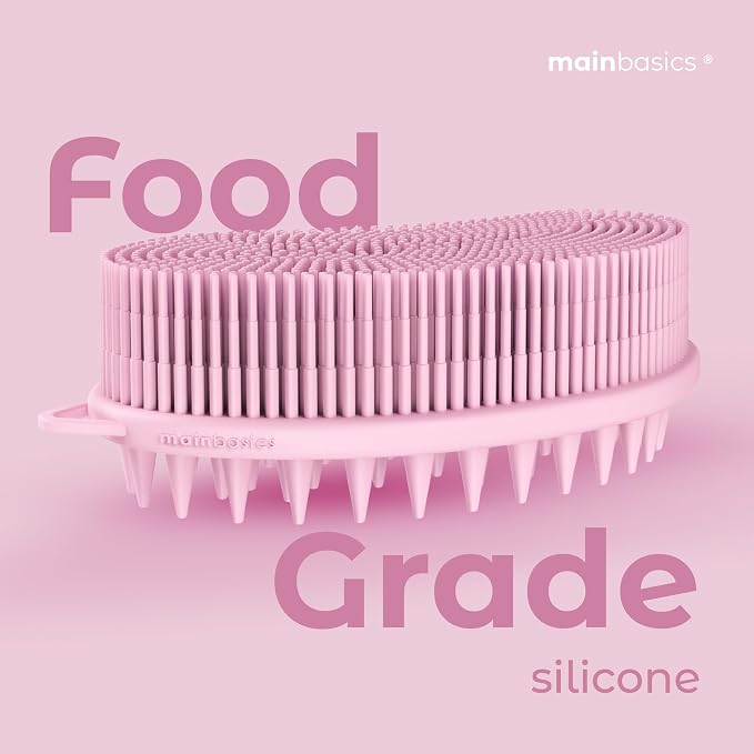 MainBasics Silicone Body Scrubber Dual-Sided, Pink, Scalp | Shower Scrubber and Scalp Massager, Gentle Silicone Loofah Alternative for Deep Clean