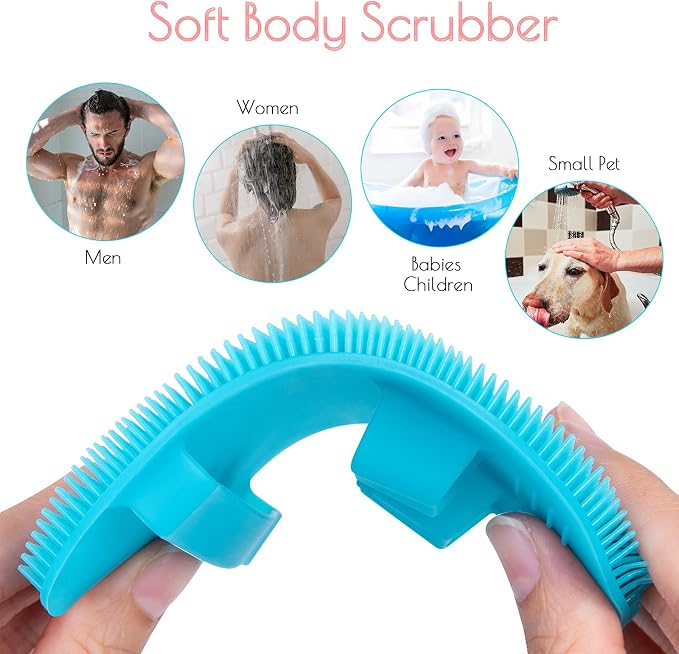 2 Pack Soft Silicone Shower Brush, Bath Exfoliating Skin Massage Scrubber | Body & Face & Short Hair Wash, Dry Skin Brushing Glove Loofah, Fit for Sensitive and All Kinds of Skin (Blue+Gray)