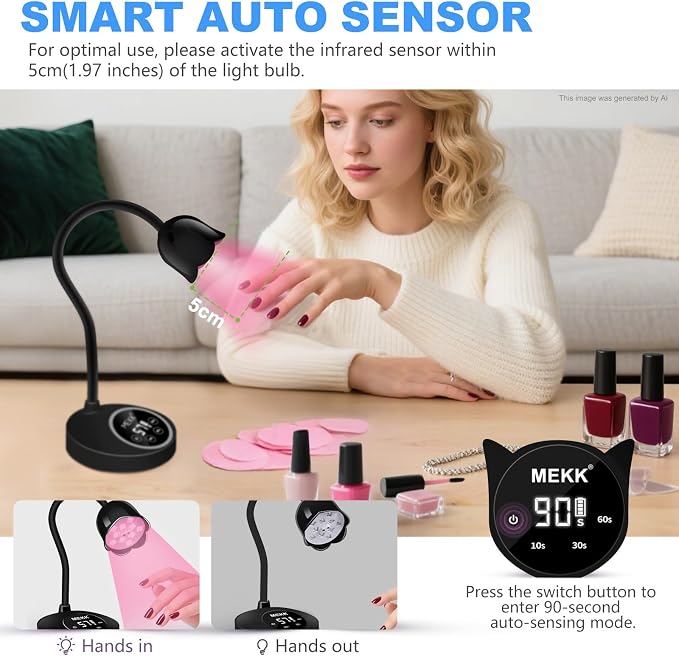 MEKK Flash Cure Nail Lamp,30W Cordless Mini UV Light for Gel Nails | Gooseneck, auto sensor, 4 timers, fast flash curing Light,no harm,portable, usb-c, dual uv led light, salon & home, black