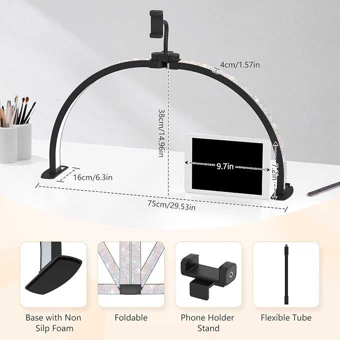 Yokilly Half Moon Light for Nail Desk: 29" Foldable Nail Light for Desk | Arch Nail Tech Light with Phone Holder for Beginner - 3 Color Modes & 10 Brightness for Manicure Salon-Black