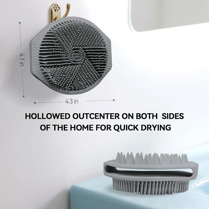 Silicone Body Scrubber, Dual-Sided Silicone Loofah for Shower, Exfoliating Body Brush Scrubber for Men and Women for All Skin, Scalp Scrubber Lather Well＆Easy to Clean (Gray)