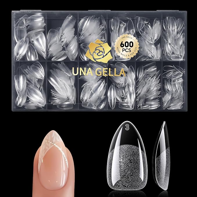 UNA GELLA Short Almond Gel Nail Tips, 600 Pcs Short Nail Tips Almond Shape | Pre-Filed Clear Press On Nails 12 Sizes Full Cover Fake Nails for Extension Home DIY Salon