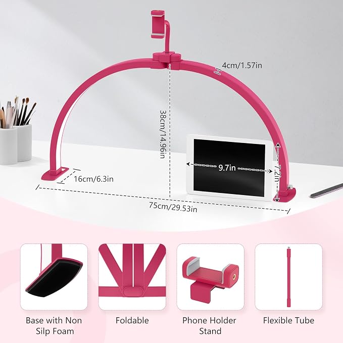 Yokilly Half Moon Light for Nail Desk: 29" Foldable Nail Light for Desk | AB Diamonds Arch Nail Tech Light with Phone Holder for Beginner - 3 Color Modes & 10 Brightness for Manicure Salon-RoseRed