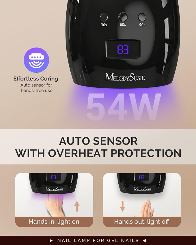 MelodySusie Detachable Base UV/LED Nail Lamp P-Plus30I for Hard Gel | 54W, 3 Timer Settings, Smart Sensor, LCD Display, 30 UV/LED Beads, Rhinestone Glue, Solid Nail Glue Gel, Liner Gel, Black
