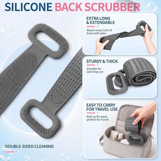 Manmihealth Silicone Back Scrubber for Shower & African Net Sponge Set | 36'' Dual-Sided Back Washer & African Long Bath Sponge, Extendable Long Silicone Body Brush (Black+Gray)