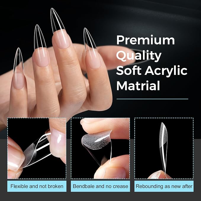 TOMICCA Long Stiletto Nail Tips, 240PCS 12 Sizes Pre-Shaped Ultra Half Matte Clear Full Cover Nail Extension Tips, False Nail Tips for Acrylic/Gel Extensions