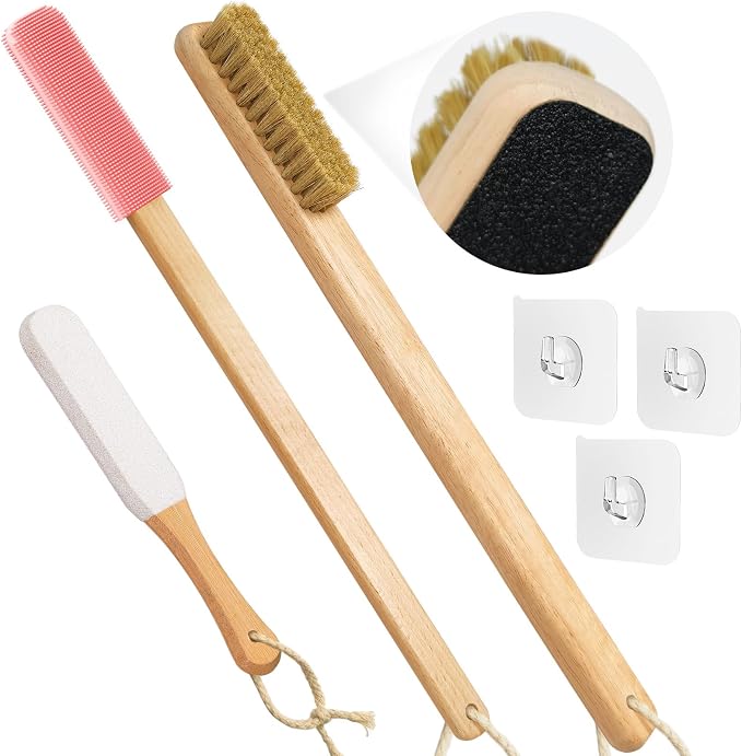 Long Handle Toe Gap Cleaning Brush+Body Shower Brush+Foot Grinder, Pink | Silicone Foot Scrubber for Shower, Feet Cleaner Scrub Foot Care for Seniors,Elderly, Men and Women
