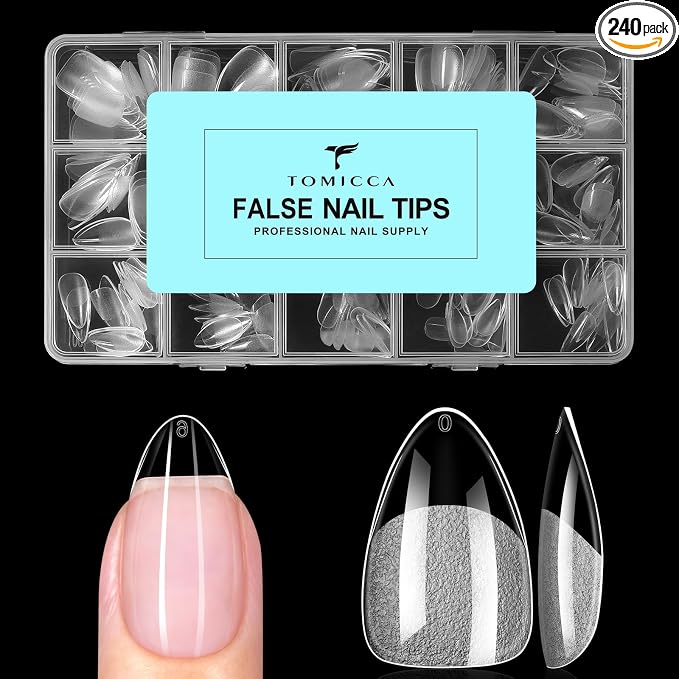 TOMICCA Short Almond Nail Tips, 240pcs 15 Sizes, Soft Gel Tips | Half Matte Pre-Shaped Full Cover Clear Fake Nails, Acrylic Press on Nails for Extension, Beginners and Professional Salon