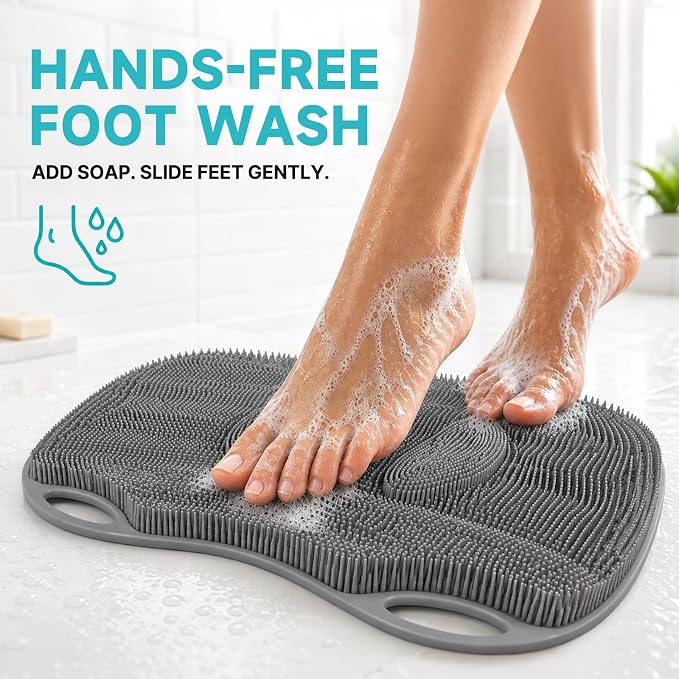 XL Silicone Shower Foot Scrubber Mat with Suction Cups, Foot Washer for Shower, Foot and Back Scrubber for Smooth Shower Wall or Floor, Grey, 17.32 x 12.99 in