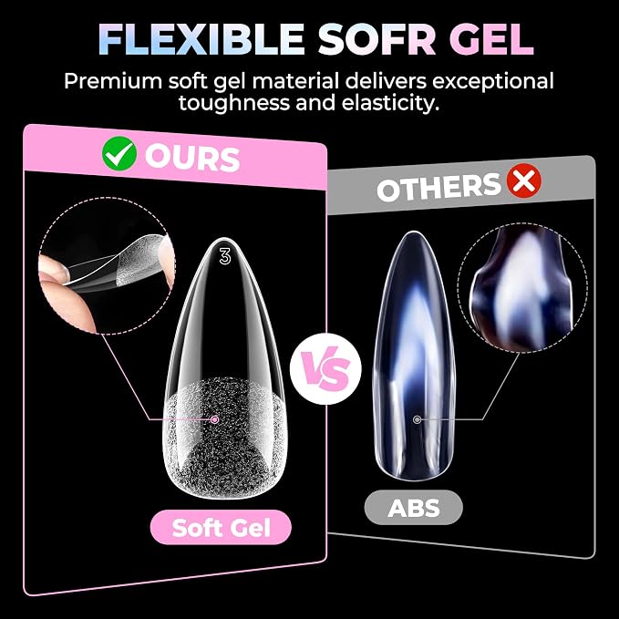 UNA GELLA Stiletto Gel Nail Tips Medium 15 Sizes Pre-Etched Clear Tips | 300PCS Easy DIY Salon Stiletto Almond Press On Nails Snug Fit Full False Fake Nail Extensions Long-Lasting Hold