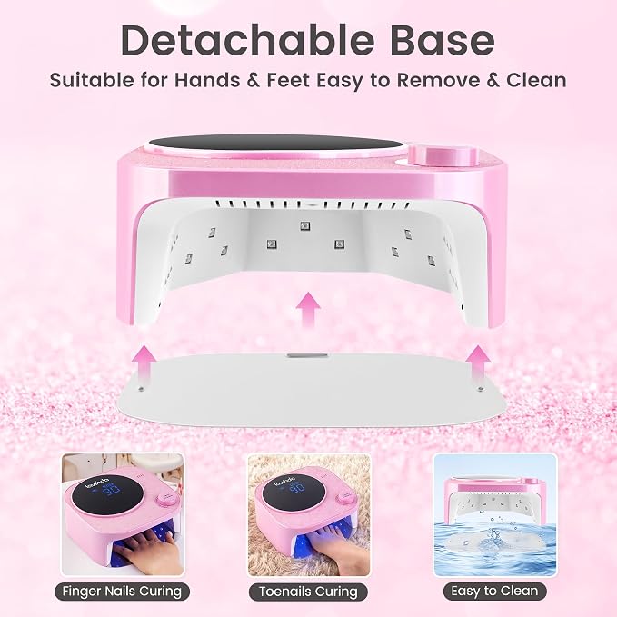 Lavinda 54W Cordless Pink Glitter Nail Lamp for Gel Nails | 2-hour charge, 4–6 hr runtime, acetone-resistant shell, vented cooling, full-hand and pedicure space, beauty content setups