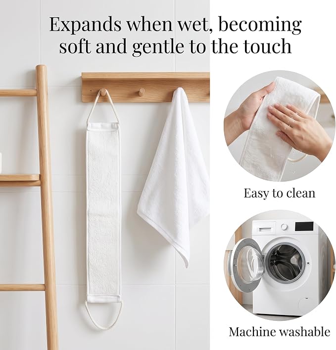 Back Scrubber, Natural Loofah Shower Strap with Oval Bath Pads Set | Long Handle Back Access, Natural Fibre Texture, Oval Wash Pads, Shower Use, Home And Travel Convenience