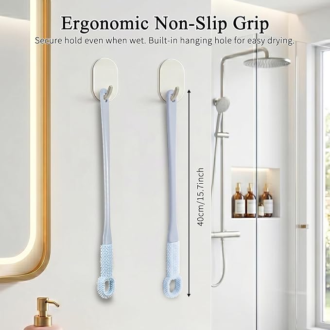 2 Pack Toe Cleaning Brush with 15.7" Long Handle, Silicone Foot Scrubber & Exfoliating Anti-Itch Brush for Bath & Feet, No-Bend Long Reach Feet Cleaner for Seniors & Daily Living (Grey)