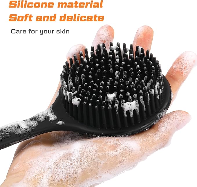 Sunnyray 4 Pack Scrubber Anti Slip for Shower, 15 Inch Soft Silicone Bath Body Brush Back Scrubber with Long Handle, Improved Skin Health Can Produce Foam for Men and Women, Black