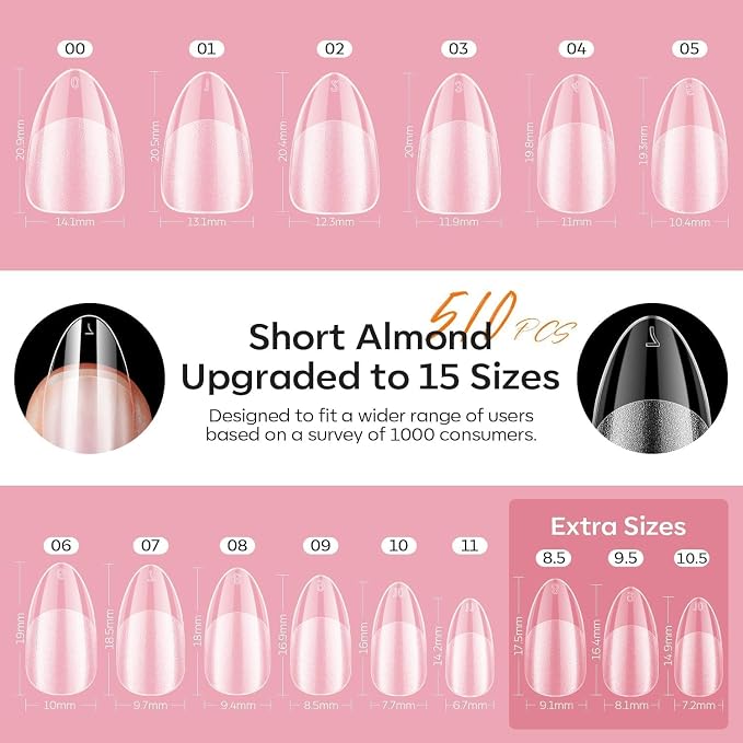 modelones X Nail Gel Kit,9-in-One Glue Prep Dehydrator & Portable Led Lamp | 15Sizes Pre-shaped Gel Nail Tips Short Almond Shape, 510Pcs Press On Extension Kit Gift for Women