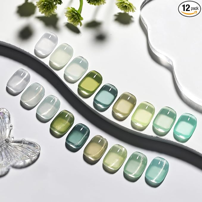 JODSONE 9 Green Colors Jelly Gel Nail Polish Set with Base Coat Top Coat Women's Holiday Gifts