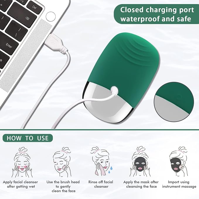 Facial Cleansing Brush, 3-in-1 Electric Silicone Face Scrubber, Vibrating Massager, IPX7 Waterproof, USB Rechargeble Pore Brush for Deep Cleanning, Blackhead Remover, Exfoliating (Green)