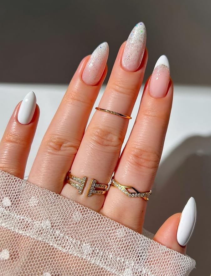 Semi Cured Gel Nail Strips (White Glitter), French, 20 Pcs Gel Nail Wraps, Stickers, Salon Quality, Works with Any UV Lamps