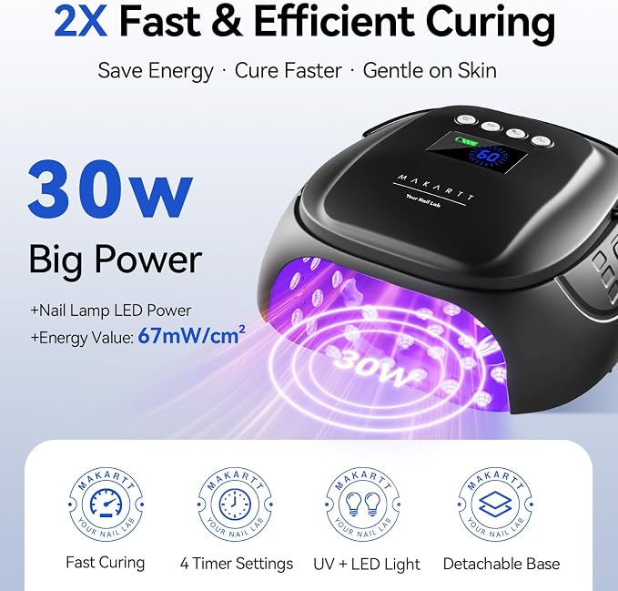 Makartt Professional UV Nail Light with Handle 30W Rechargeable Nail Dryer | Cordless Nail Light with 45 LED Beads 4 Timers LCD Auto Sensor Fast Curing Gel Polish for Home DIY Salon, Matte Black