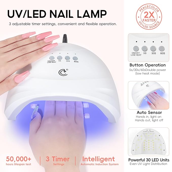 Peacecolor 83Pcs Gel Nail Polish Kit with U V Light and Drill, 56 Colors All Seasons Soak Off Gel Polish Set Cat Eye Gel with Matte/Glossy Glitter Base Top Coat Manicure Nail Kit Gifts for Women Girls