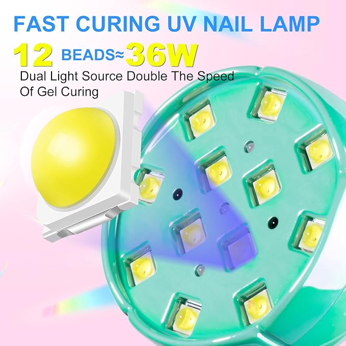 MEKK Gooseneck Flash Cure Nail Lamp, 36W Mini UV Light for Gel Nails | Cordless,Auto Sensor, 4 Timers (10/30/60/90s), Single Nail Detail Work, Portable, flower Design, Salon & Home, Glazed Blue