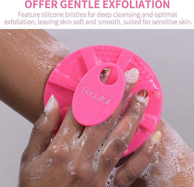 Silicone Body Scrubber, BEAUTAIL Gentle Exfoliating Shower Brush for Body | Hygienic Silicone Loofah, Easy-Grip Handle, Soft Bath Essential Scrubber for Sensitive Skin, Women, Men & Kids, 1 Pack, Rose