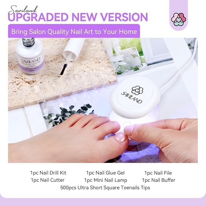 SAVILAND Toe Nail Tips and Glue Gel Kit - Gel Nail X Kit for Toes Poly Press On Toes Nails Kit with Nail Drill 500 Pcs Fake Toenails Tips with Nail Glue Acrylic Nail Kit Nail Lamp Salon At Home Gift | 500 soft gel toenail tips, 4-in-1 glue gel, nail dr...