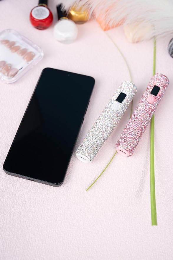 Handheld UV Light with Sparkly Rhinestones White | Portable LED Nail Lamp, Wireless USB Nail Dryer with Silicone Stamper Display Screen for Fast Curing Home DIY Manicure