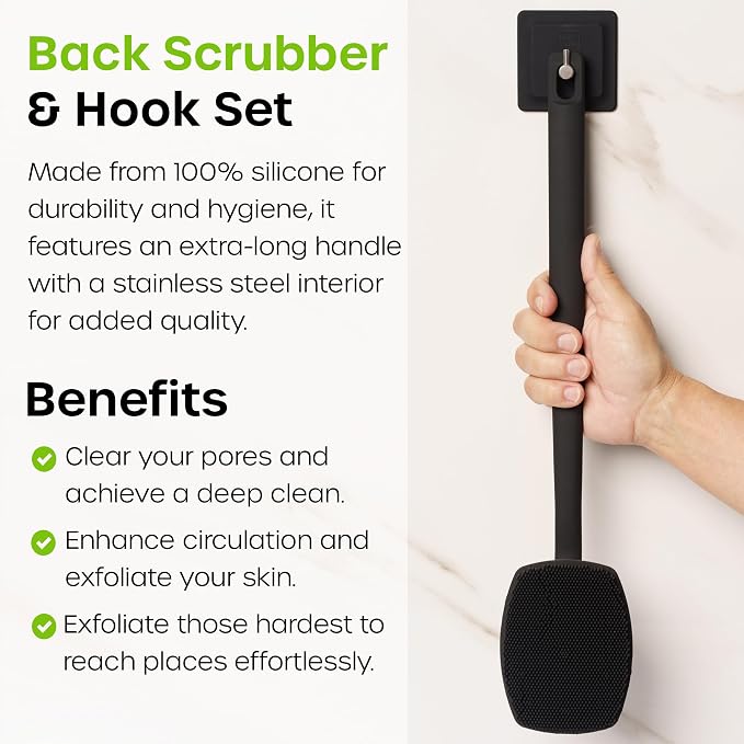 The Man 18.5 Inch Silicone Back Scrubber for Men | Long handle reaches back, shoulders, legs and feet; soft silicone bristles cleanse and exfoliate with body wash
