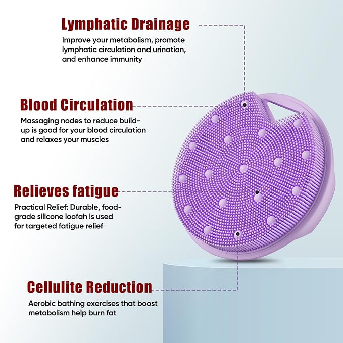Silicone Body Scrubber -Anti Zinc Infused Exfoliating Body Scrubber | Anti Slip Silicone Loofah,Stiff & Soft Bristles for Cellulite Reduction,Blood Circulation- Purple