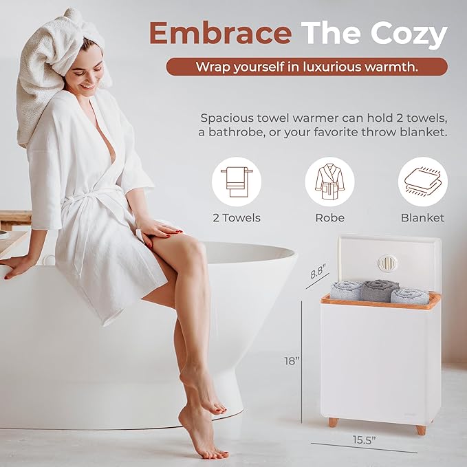 SereneLife Luxury Rectangle Towel Warmer - Spa & Bathroom Heater with Custom Fragrance, Auto Shut-Off, Fits 2 large Towels, Blankets, Bathrobes, PJ's - Perfect Gift for Him & Her (Natural Wood)