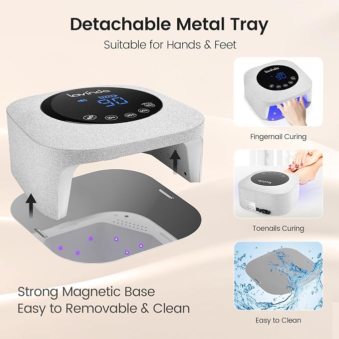 Lavinda 54W UV LED Nail Lamp for Gel Polish, Frosted Silver Glitter | Rechargeable, 36 dual-wavelength LEDs, 4 timers, Low heat, Auto sensor, Touch LCD, Removable magnetic base, for gel polish