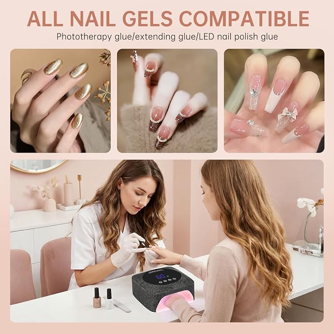 96W UV LED Nail Lamp Cordless Nail Dryer for Gel Polish | Rechargeable UV Light for Gel Nails Quick Dry Curing with Large LCD Display, with 3 Timer Setting Auto Sensor for Salon&Home