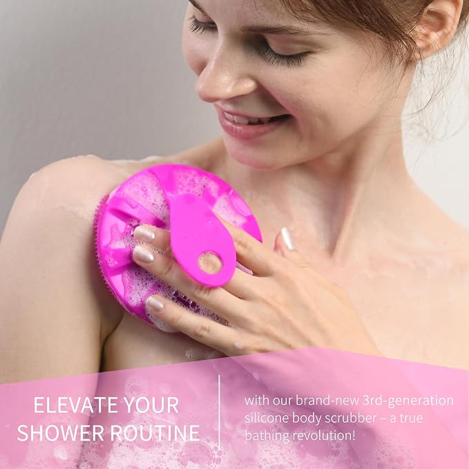 Silicone Body Scrubber, BEAUTAIL Gentle Exfoliating Brush for All Skin Type | Lather Well Shower Scrubber for Body, Bath Essentials for Women, Men & Kids, Hygienic Silicone Loofah. 2-Pack, Purple+Black