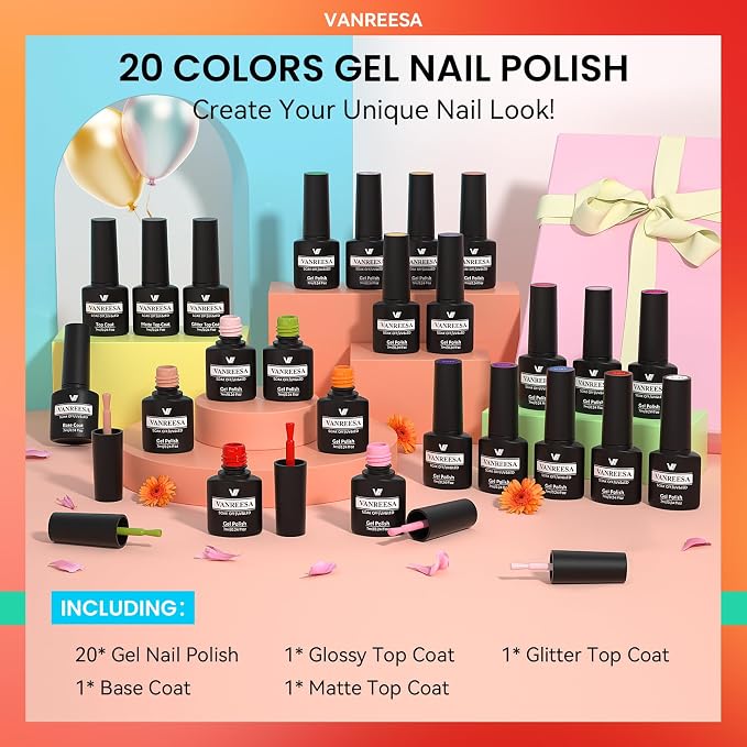 VANREESA 24 Pcs Gel Nail Polish Set - 20 Vibrant Shades Gel Nail Polish | 1 Base Coat & 3pcs Glossy/Matte/Gloden Top Coats, Red Orange Green Brown Nude Gel Polish, Gel Nail Kit Gifts for Women