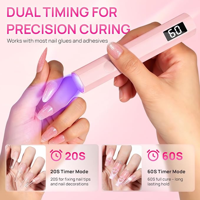 Krofaue Handheld UV Nail Lamp, 180mAh Rechargeable, 20/60s Timer, LCD | Mini portable, 3W fast curing, 180mAh battery, 40 mins cordless use, 20s/60s timers, for gel polish, home DIY, salon, travel