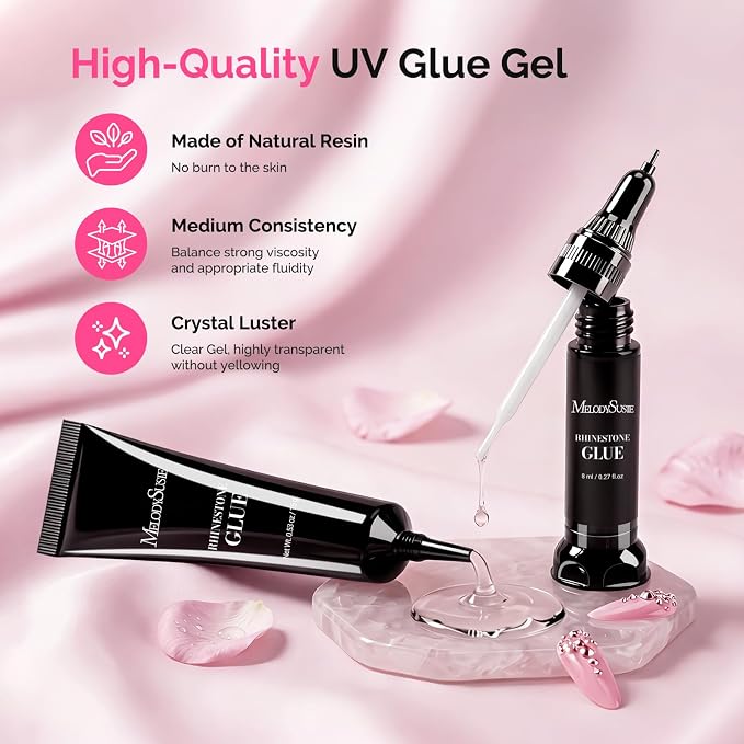 MelodySusie White Handheld UV Light with Stand and Rhinestone Glue Kit | Cordless Spot Cure All Soft Gels 20s/60s Timer 450mAh Battery, Super Strong Gel Nail Glue Nail Art Design