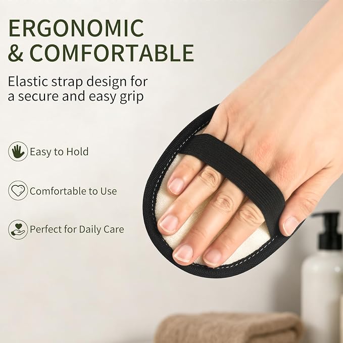 SAMEBUTECO 4 Pack Natural Loofah Body Scrubber-Exfoliating Bath Loofah Set with Black Edging and Hanging Loops for Men and Women,Ideal for Pore Cleansing,Shower,Skin Smoothing