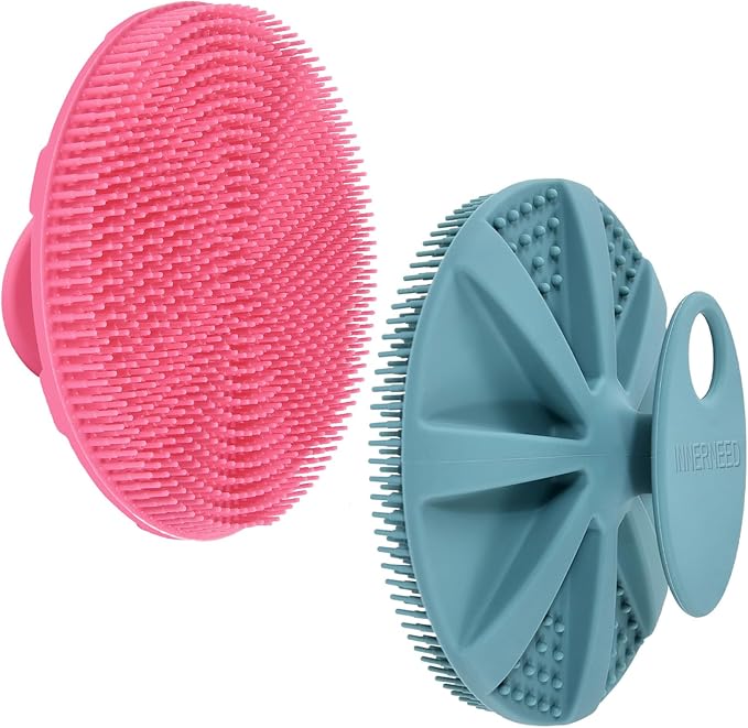 INNERNEED Food-Grade Soft Silicone Body Scrubber Shower Brush, Green+Pink | Handheld Cleansing Skin Brush, Gentle Exfoliating and Lather Well, Hygienic Bath Scrub for Women, Men