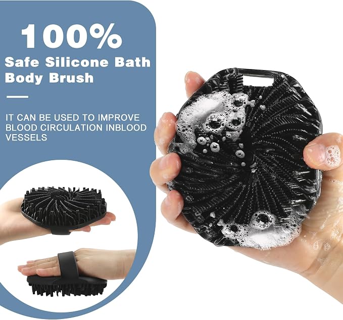 Silicone Body Scrubber, 2 PCS Exfoliating Body Scrubber, Silicone Loofah Bath Brush with Hand Strap, No-Slip Handheld Body Wash Brush Body Scrubbers Shower Cleaning for All Skin Types (Black & Grey)