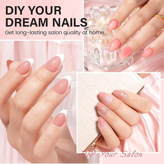 AILLSA Nail Extension Kit Short Almond Nail Tips 240pcs for Starters | 2 In 1 Nail Glue Base Coat and Nail Dehydrator, Nail Extension Kit with Nail Lamp Top Coat for Starters