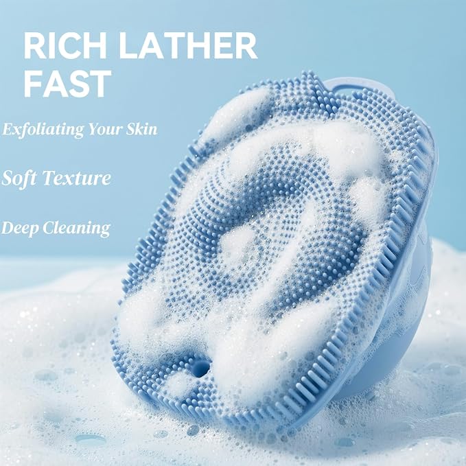 Soft Silicone Body Scrubber, Face Scrubber Silicone, Gentle Texture Exfoliating Body Scrubber for Men and Women On Sensitive Skin, Back Large Suction Cup for Easy Dry and Store (Blue)